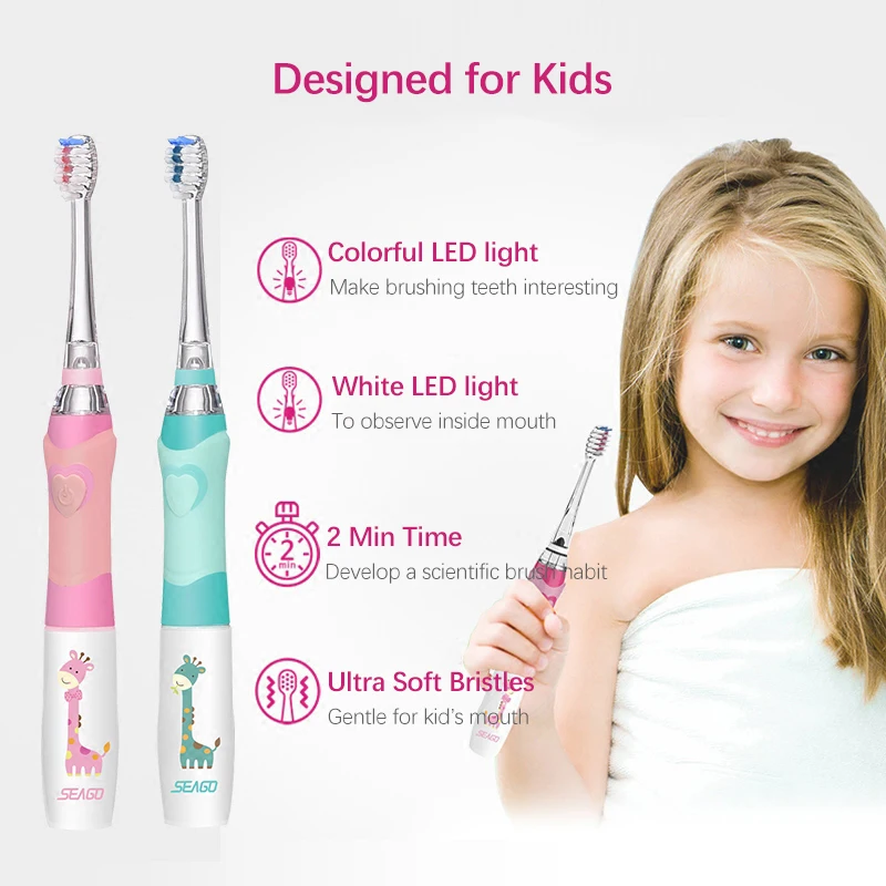 SEAGO Kids Children Electric Toothbrush for 3-12 Years Old Baby Soft Bristle Waterproof LED Light Smart Timer with 3 Brush Heads 2