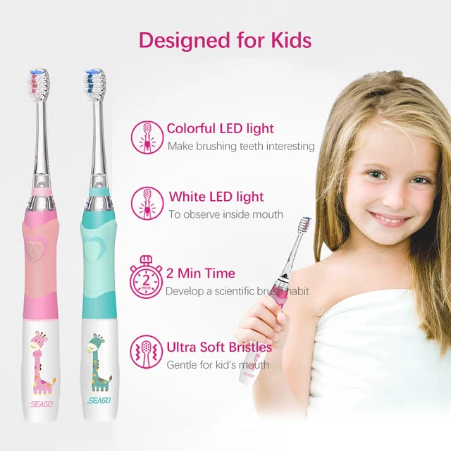 SEAGO Kids Children Electric Toothbrush for 3-12 Years Old Baby Soft Bristle Waterproof LED Light Smart Timer with 3 Brush Heads 2