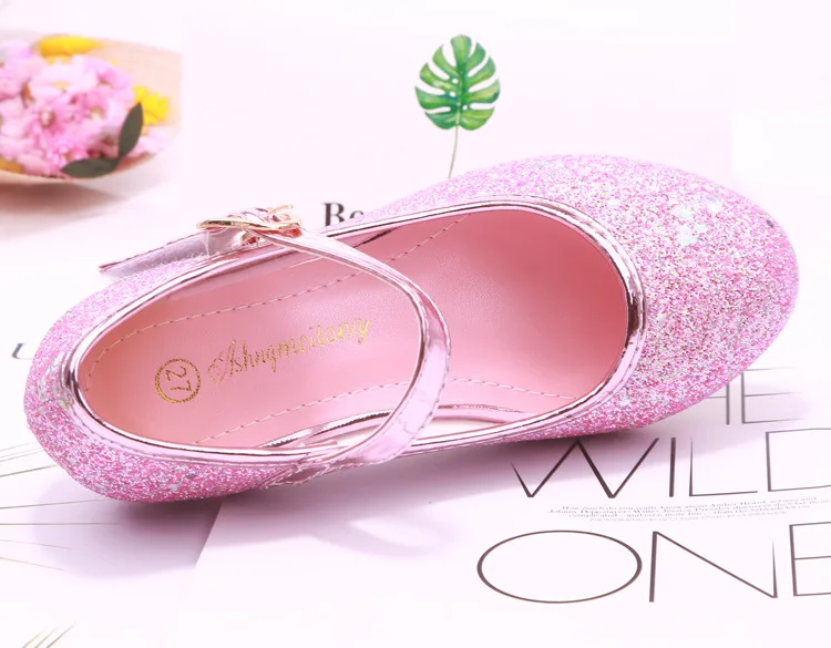 Children Princess Shoes student dance shoes for Girls High Heel Sandals Dress Purple Kids Leather Glitter Crystal Princess Shoes