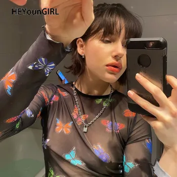 

HEYounGIRL Butterfly Printed Black Mesh Sexy Crop Top T Shirt Ladies See Through Long Sleeve T-shirt Women Fashion Streetwear