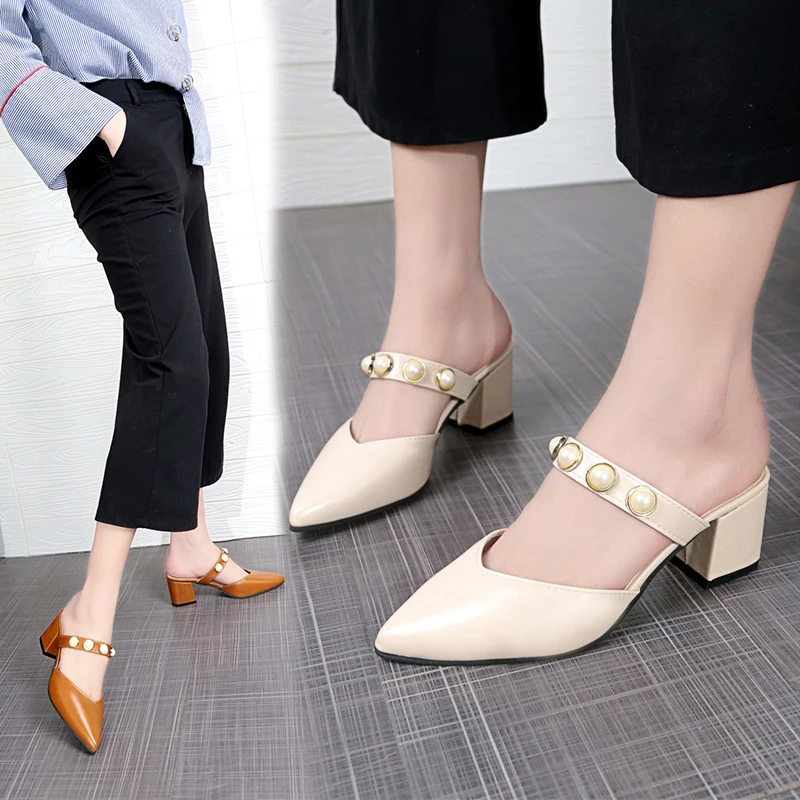 

Shoes Pointed Toe Loafers Womens Slippers Outdoor Slides Square heel Med Female Mule Pantofle Heeled Mules Cover Block 2020