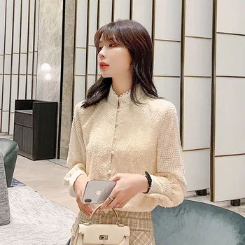 

2020 Autumn & Winter New Arrival Korean Version Lantern Sleeves Jacquard Lace Collar Long-sleeved Chiffon Shirt Free Shipping