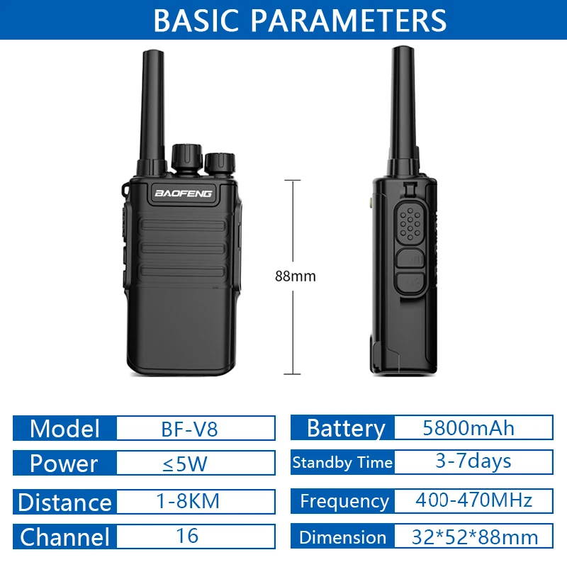 2PCS BaoFeng BF-V8 Mini Walkie-talkie Two Way Radio 5800mAh Long Standby Powerful Radio Support USB Charging Hunting BF-888S