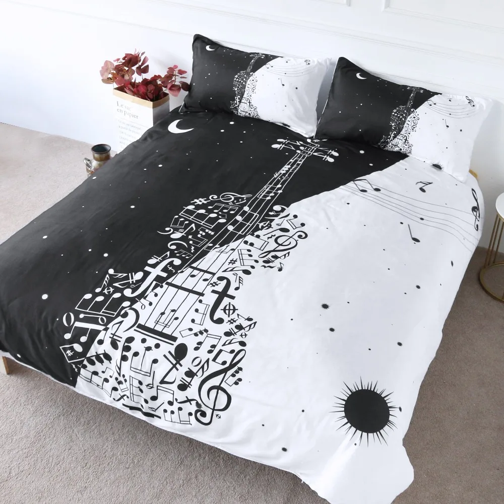 

HM Life Bedding Set Guitar Musical Notes Comforter Cover Day and Night Bedspreads Stars Black White Full Size Soft Bedclothes