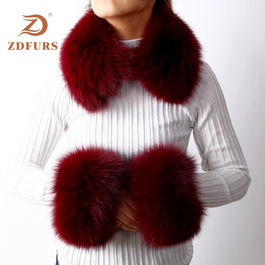 wine ZDFURS* женские манжеты из натурального Лисьего меха/меха енота зимние толстые теплые модные манжеты из натурального меха с квадратным воротником один комплект - Цвет: wine
