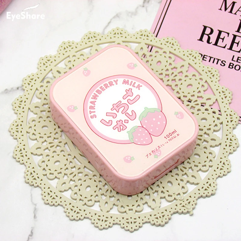 Strawberry Lens Case with Stick Mirror Set Contact Lens Partner Container Storage Holder