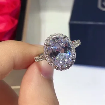 

925 Silver Oval Finger Ring Band Dazzling Brilliant CZ Stone Setting Classic Wedding Anniversary Gift For Wife&Girlfriend