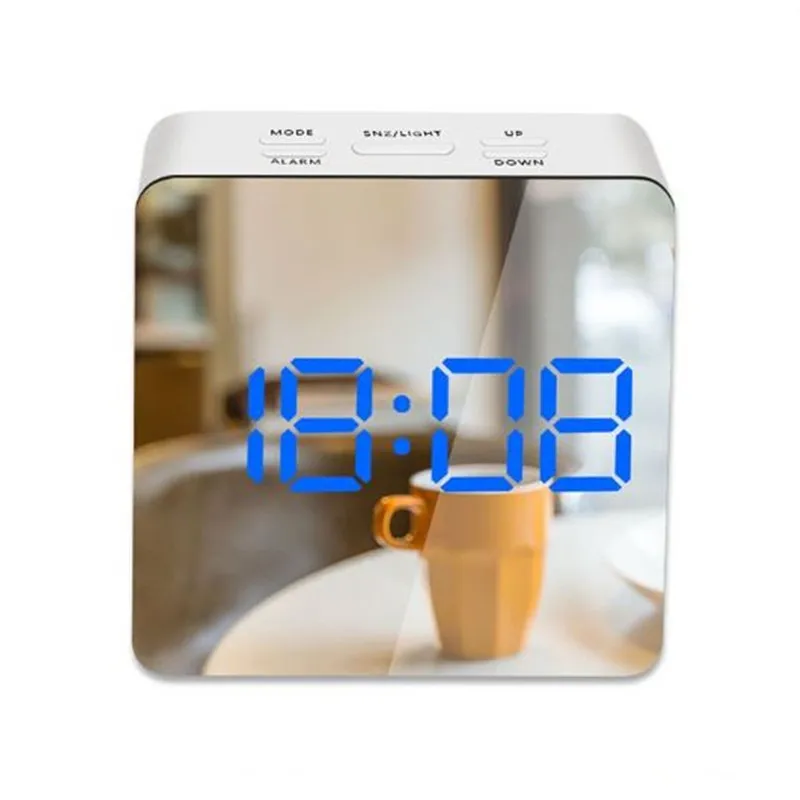 Square Blue Светодиодный зеркальный будильник, часы, цифровой Повтор, настольные часы, будильник, светильник, электронный, большое время, отображение температуры, украшение для дома часы - Цвет: Square Blue
