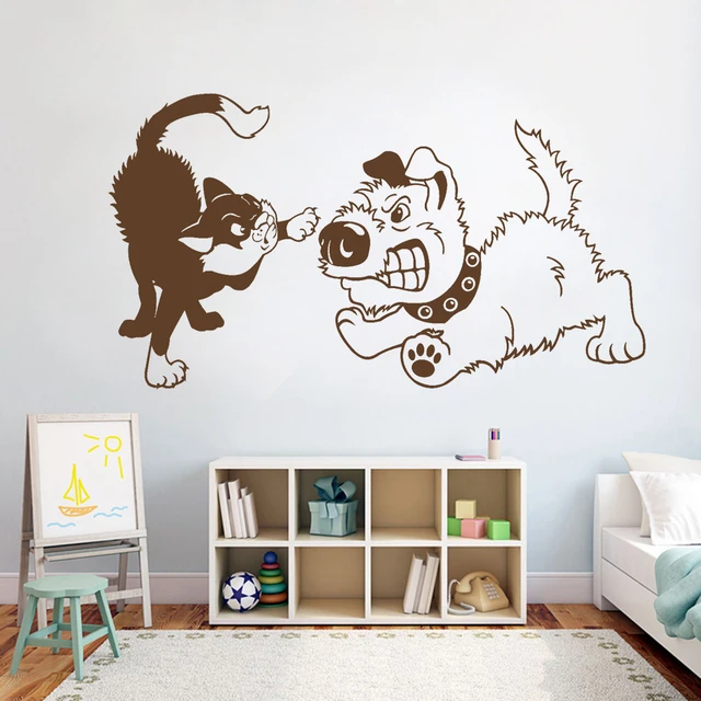 Pets Funny Cool Decor Wall Decal Mural Bedroom Home Decor Cat Fighting With  Dog Vinyl Wall Stickers For Kids Rooms G894 - Wall Stickers - AliExpress