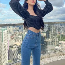 

2021 Spring Summer Ladies Striped Tops Square Neck Irregular Short Lantern Sleeve Striped T-Shirt Woman Korean Navy Blue Tshirt
