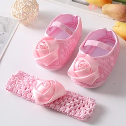 Baywell Baby Girl Satin Clothes Floral Princess Shoes Spring Toddler Soft Sole Walking Shoes With Headband Set