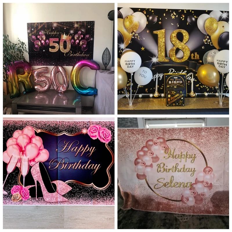 Photo Backdrop Adult Birthday Party Gold Glitters Ballon Flowers Baby Photography Customize Name Photographic Backgrounds Photo Studio