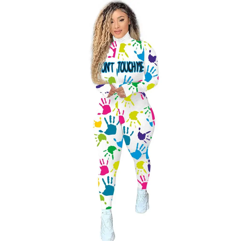 

Adogirl Autumn Knitted Ribbed Women Jumpsuit Long Sleeve Zipper Print Romper Skinny Sport Playsuit Fitness Bodysuit Overalls