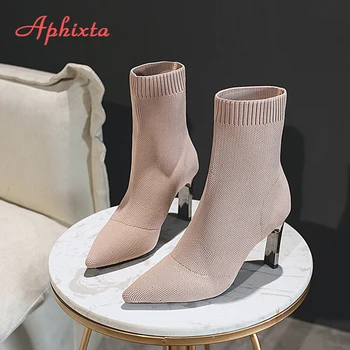 Aphixta Metal Blade Heels Socks Boots Women Stretch Fabric Elastic Stilettos Heel Pointed Toe Ankle Boots Shoes Woman Boats 4
