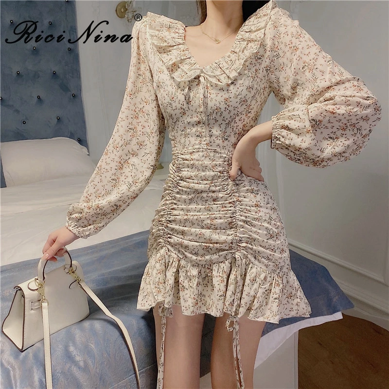 RICININA Floral Print Dress Peter Pan Collar Lantern Sleeve Ruffles Sexy Mini Spring Casual Short Ladies Dresses 2020 | Женская одежда