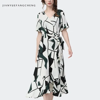 

High Street Irregular Printed Women Dress Short Sleeve V-Neck With Belt Lace-up Ruffles Female Summer Long Dresses Plus Size 4XL