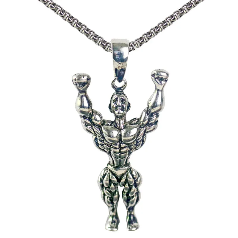 Bodybuilding Strong Man Pendant Necklace Stainless Steel Chain Men Fitness Dumbbell Charm Gym Hip Hop Jewelry | Украшения и