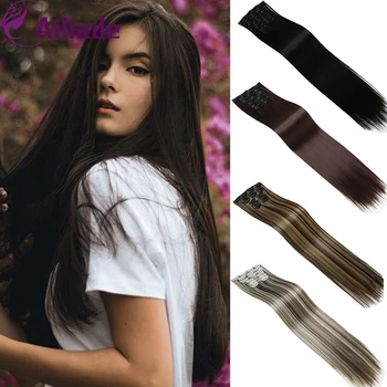 

AILIADE Synthetic Hair Long Straight 16Clips Hairpiece Extensions Clips in High Temperature Fiber Black For Women Hair Extension