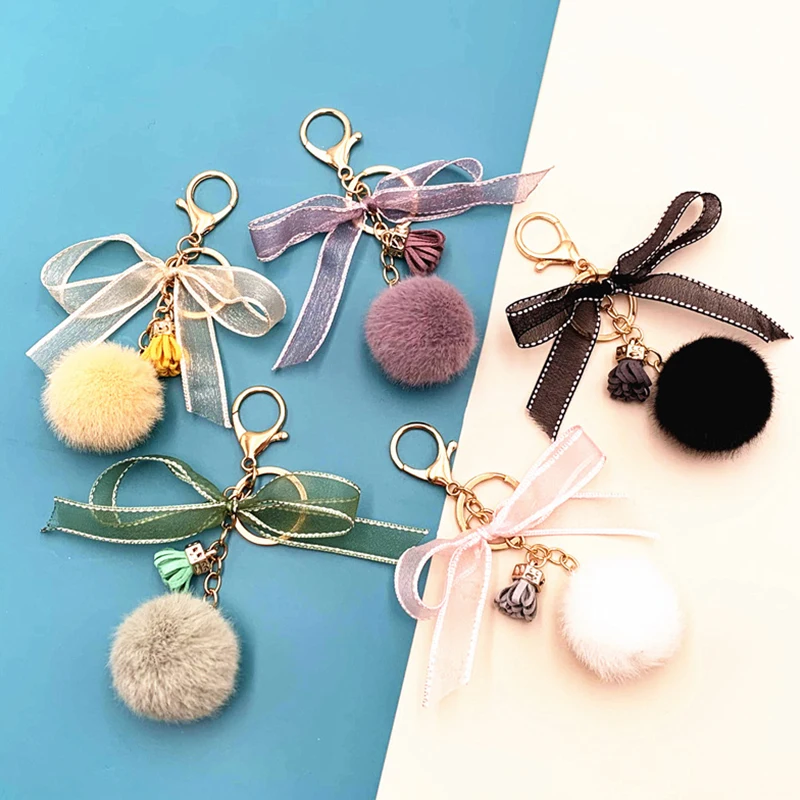 Cute Hair Ball Keychain with Ribbon Bowknot Tassel 2021 New Multi Color