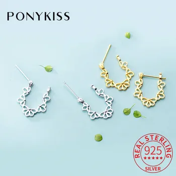 

PONYKISS 100% 925 Sterling Silver Hollow Flower U Shaped Hoop Earrings Party Romantic Delicate Accessory Girl Elegant Chic Gift