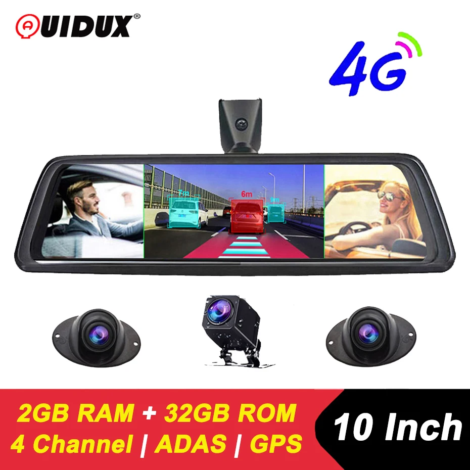 QUIDUX 4G 4 Channel Dash Cam ADAS Android 2GB RAM 1080P Mirror Recorder GPS WIFi Car DVR Video Recorder Rearview Mirror Camera