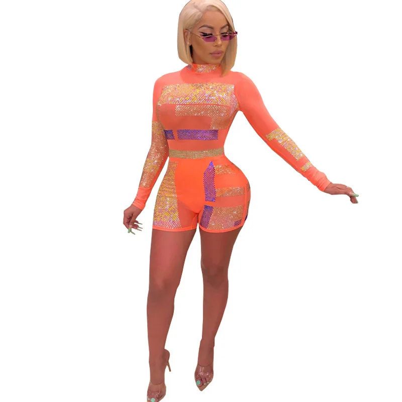 Женский сексуальный сетчатый комбинезон с прозрачными бриллиантами, короткий комбинезон с длинным рукавом, Облегающий комбинезон, Комбинезоны для вечеринок - Цвет: Оранжевый