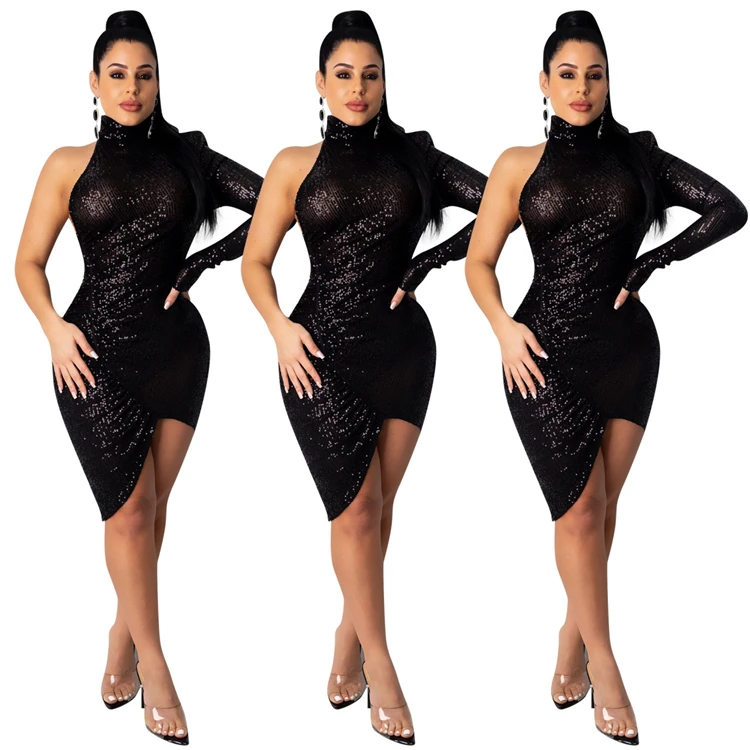 A120212 wholesale price high neck one sleeve irregular bodycon mini dress club party sequin Sexy Lady Fashion Bodycon Dress