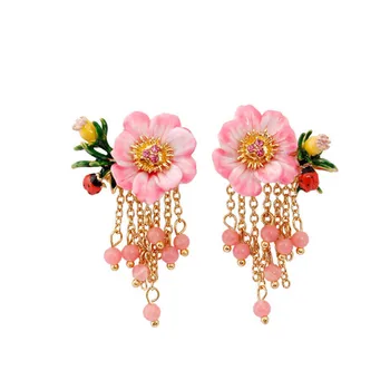 

Autumn Monet Garden Collection Pink Flowers Ladybug Enamel Glaze 925 Silver Ear Studs Gold-plated Tassel Earrings