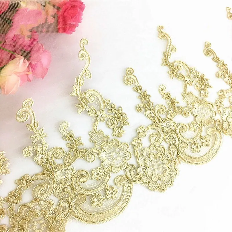 Gold Embroidery Lace For Dress Lace Fabrics Scalloped Lace Appliqued 3D