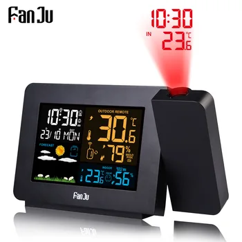 

FanJu Alarm Projection Clock Thermometer Hygrometer Wireless Weather Station Digital Watch Snooze Desk Table Project Radio Clock