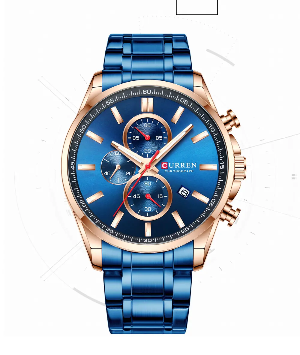 CURREN новые мужские часы с хронографом с датой Лидирующий бренд большие спортивные кварцевые часы мужские синие полностью стальные мужские