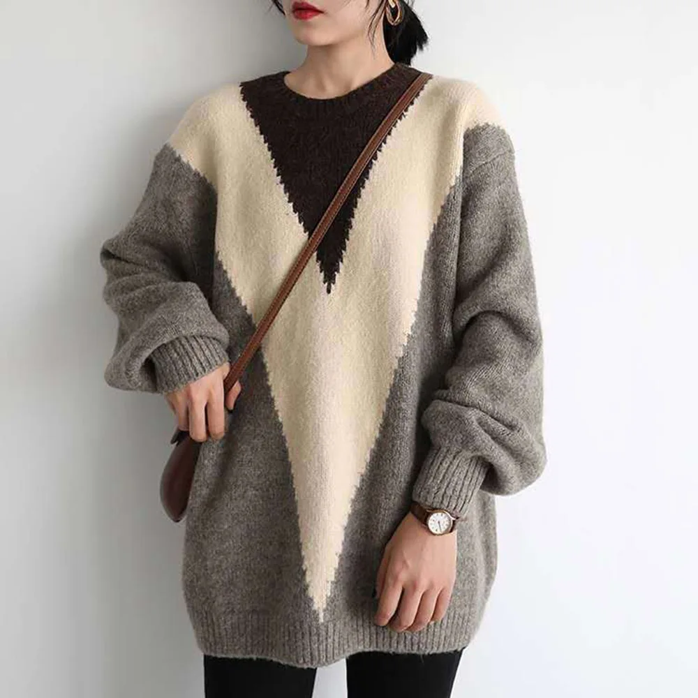 

Korean Version Japanese Sweater Autumn Winter Fashion Loose Contrast Thicken Keep Warm Round Neck Long Sleeve Knitted Sweater