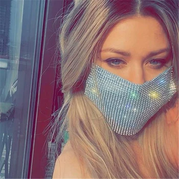 

2020 Fashion Matal Glitter Crystal Rhinestone Face Jewely Decoration Celebrity See Through Breathable Women Men Reusable Mask