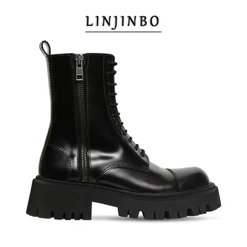 

2020 Platform Chunky Ankle Boots Women Side Zipper Lace-up Short Boots Women Brand Design Street Style Motorcycle Boots Mujer