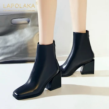 

Lapolaka 2020 New Design Chelsea Boots Woman Shoes Genuine Cow Leather Square Heels Zip Up Solid Spring Autumn Boots Female
