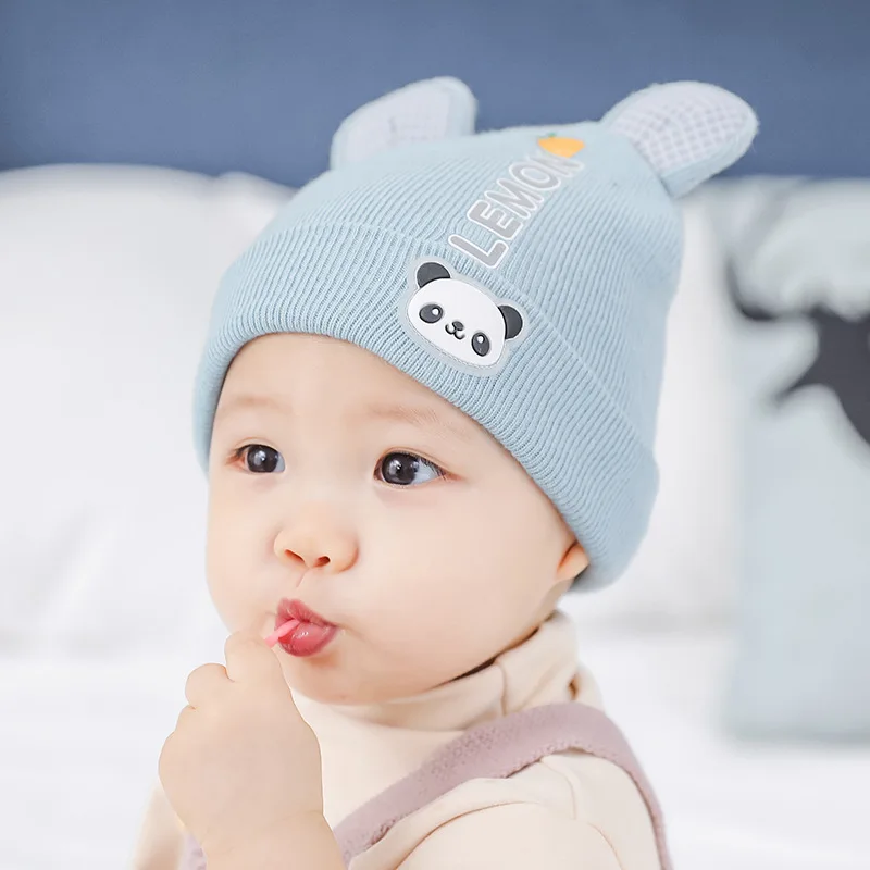 Зимние носки для новорожденных милые теплые детские штаны для мальчиков и девочек Шапки с мультипликационным принтом для малышей вязаные шерстяные шапки с отворотом с заячьими ушками