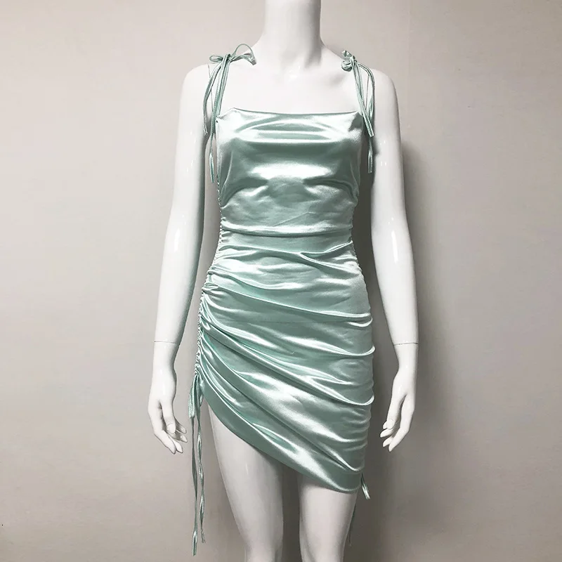 Spaghetti Strap Mini Satin Dress Women Sexy Backless Cross Casual Party Dress Pleated Stretch Short Club Dress
