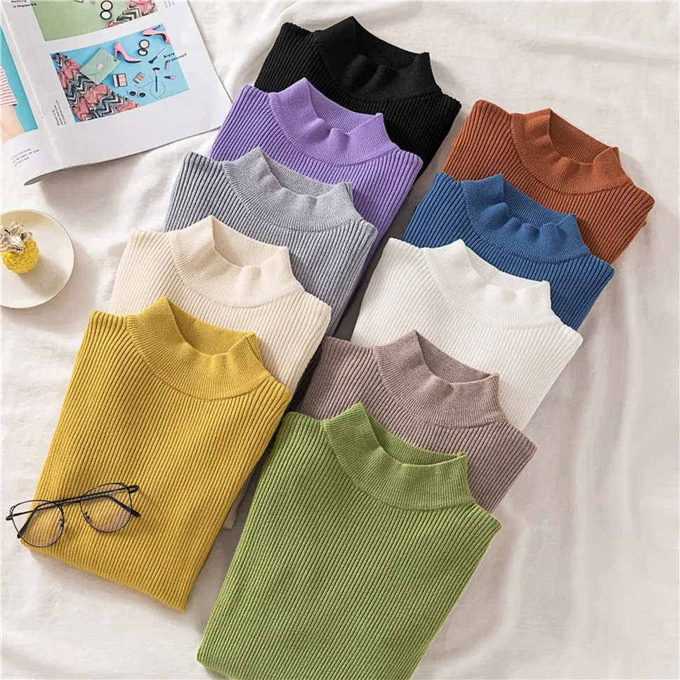 

GUMPRUN 2019 New Fall Winter Basic Women Knitted Turtleneck Sweater Womens Elasticity Casual Long Sleeve Pink Sweaters Pullover