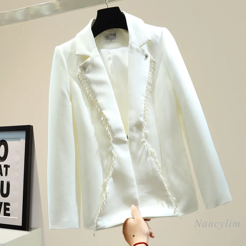 2020 Autumn Slim Elegant White Blazers Woman Evening Party Coat Beads Split Long Sleeve Suit Jacket Blazer Femenino Black
