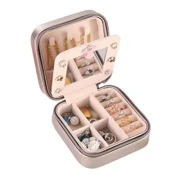 

Fine Pink Jewlery Box with Mirror Ring Earring Pendants Multifunction Jewelry Packaging Cute Romantic Zipper Jewelry Organizer