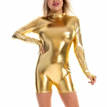 Shiny Holographic Women Playsuits Back Zipper Turtleneck Long Sleeve Wet Look Metallic Bodysuits Skinny Party Club Playsuits 6