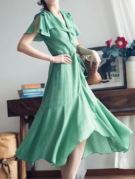 

Womens Print V-neck Midi Dress 2020 New lace-up Short Sleeves Asymmetry Ruffles Green Long Dresses With Sashes