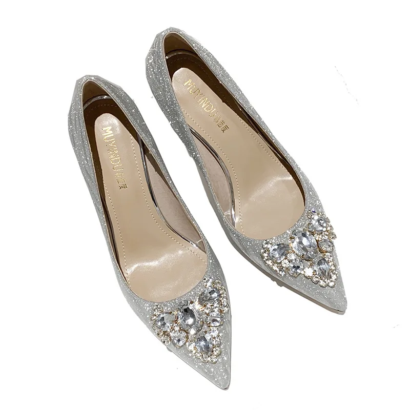 2023 New Women's Shoes Sandal Heels Women Pointed Sexy bride shoes Women's High Heels Female Gold Silver Rhinestone Wedding Shoe