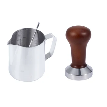 

Milk Jug, 350Ml with Measurement Mark and Latte Art Pen & Coffee Tamper Wooden Handle Barista Espresso Machine 51mm