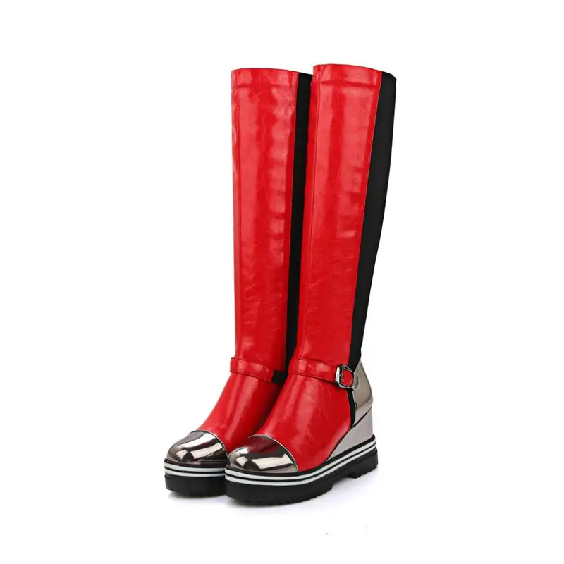 

Huapate Round toe knee high boots platform height increasing long boots autumn fashion high heels boots buckle women shoes