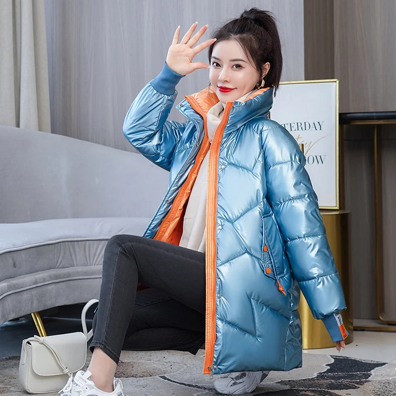 

Новая зимняя Женская Блестящая куртка для отдыха с хлопковой подкладкой, водонепроницаемое плотное теплое пальто средней длины с воротником-стойкой для женщин