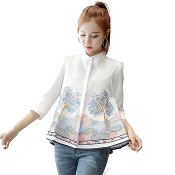 

2020 Summer New Design Women Blouse And Shirts Embroidery Loose A-Line Lady White Shirts Outwear Tops