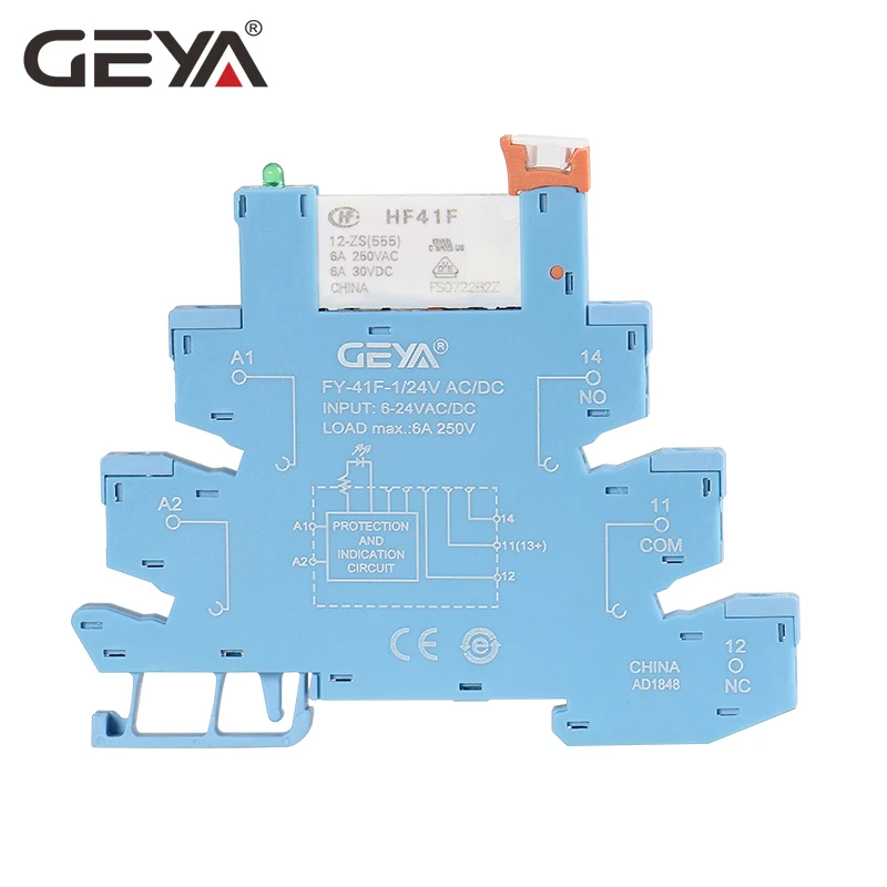 GEYA FY-41F-1 din-рейку тонкий релейный модуль цепи защиты 6A реле 12VDC/AC или 24VDC/AC реле разъем 6,2 мм толщина