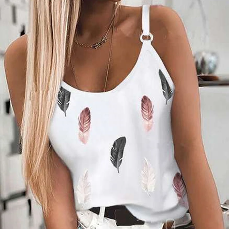 Plumage Printed Women'S Tank Top U-Neck Spaghetti Strap Camisole Sleeveless Beach Style Summer Tops Shoulder Buckle Tops cheap bras Tanks & Camis