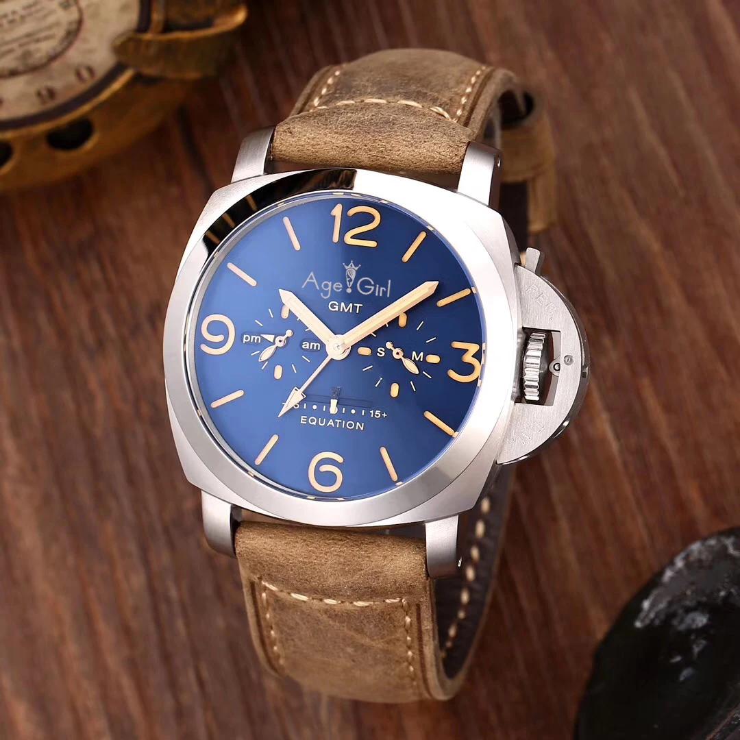 

Famous Brand New Men Automatic Mechanical Stainless Steel Blue Brown Leather Watch Silver Luminous Equation Watches Sapphire GMT